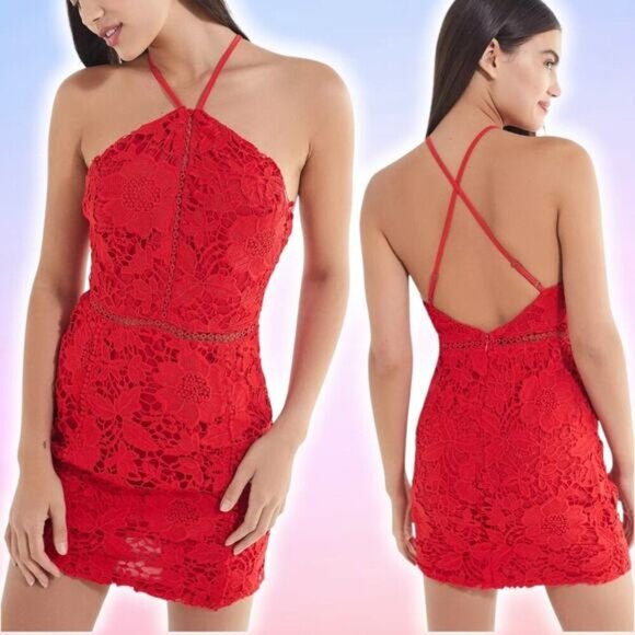 NWT URBAN OUTFITTERS Lace High-Neck Mini Dress Sz XS Red - Picture 1 of 5